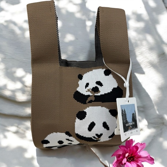 NWT Dark Chocolate Pandas Compact Stylish Essentials Handheld Bag - Picture 1 of 8